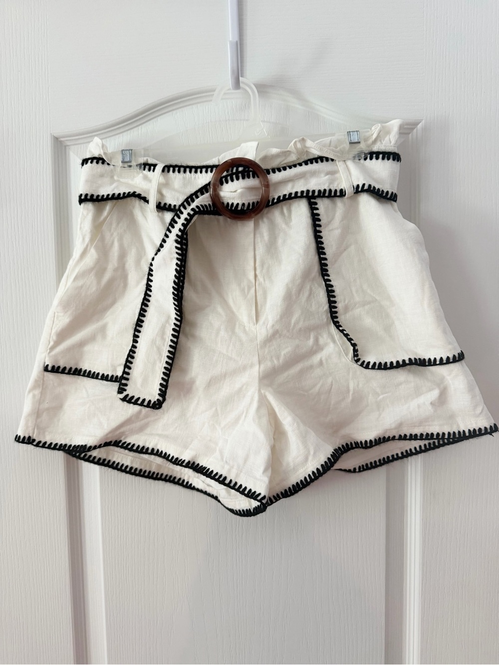 Red Dress Boutique Cream High-Waist Paperbag Shorts with Black Trim